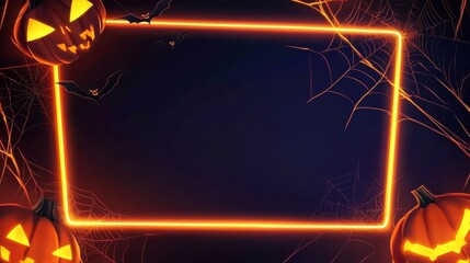 An Eerie and Spooky Halloween Background with Pumpkins and Orange Neon Frame for Text