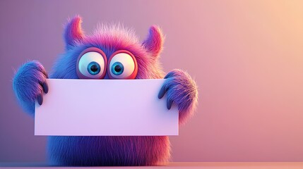 2D cute monster holding up a blank signcolorful cartoon