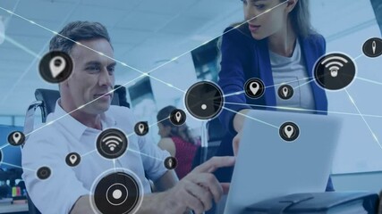 Poster - Animation of network of connections with icons over diverse colleagues discussing work in office