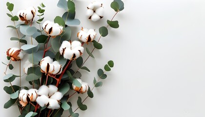 Artistic arrangement of cotton flowers and eucalyptus leaves on a clean white backdrop