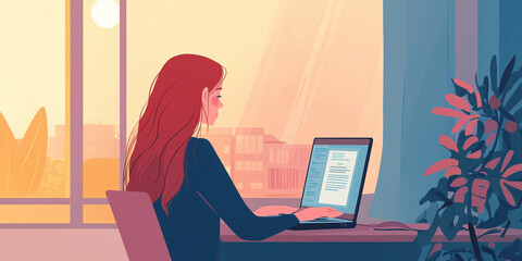 Woman works in her laptop during sunset. Vector illustration