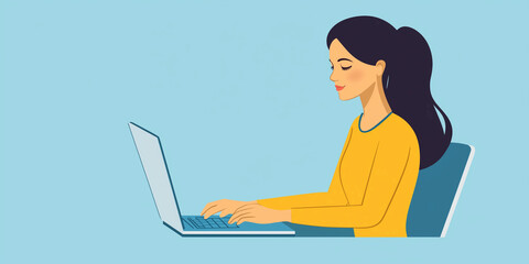 Vector illustration of a woman working in the laptop, flat background