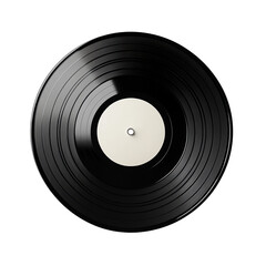 A close-up of a classic black vinyl record with a plain white label in the center, showcasing its grooves and smooth surface, symbolizing vintage music culture