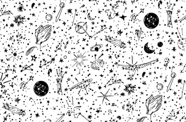 A modern seamless pattern depicting celestial mystic esoteric magic elements constellations and stars