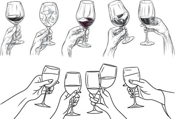 A line icon or symbol of a woman's hand holding a wineglass or drinking a cocktail. Minimal linear trendy style