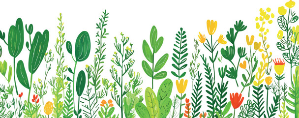 The illustration features hand drawn vintage modern elements and a colorful seamless border with detailed floral details