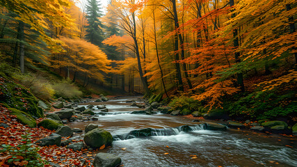 Seasonal beautiful landscape magical river in autumn forest at sunlight. Serene peaceful fall nature background. Calm creek, mountain stream cascade down colorful trees. Perfect autumnal AI generated
