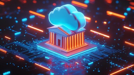 Poster - The animation depicts a futuristic 3D simulation of cloud computing technology merging with banking architecture, with a vibrant circuit board backdrop. It illustrates the concept of digital banking