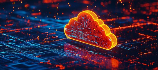 Fototapete - On a city background, a speeding train is depicted in a cloud computing image