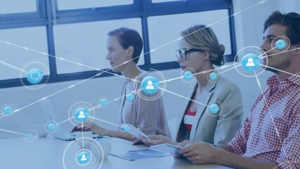 Poster - Animation of network of connections with icons over diverse colleagues having meeting in office