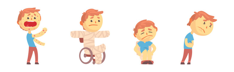 Sticker - Boy Character Feel Unwell Suffer from Disease Symptoms Vector Set