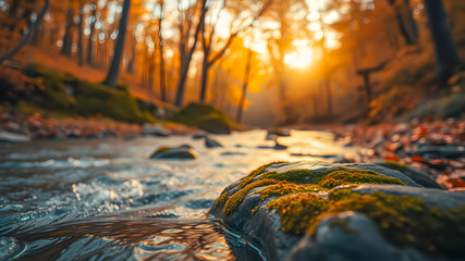 Sticker - Seasonal beautiful landscape magical river in autumn forest at sunlight. Serene peaceful fall nature background. Calm creek, mountain stream cascade down colorful trees. Perfect autumnal AI generated
