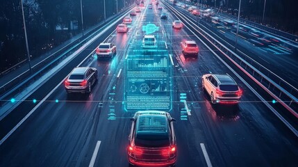 Aufkleber - A suburban traffic intersection is illuminated by neon elements that show the interaction of autonomous cars.
