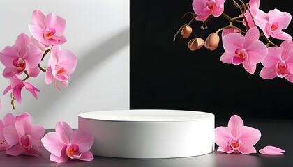 Wall Mural - Elegant white podium showcasing cosmetic beauty products adorned with exquisite pink orchids against a dramatic black background