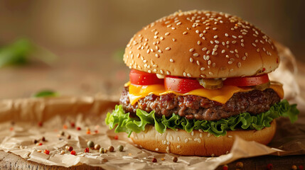 front view beautiful hyper realistic cheese burger with melted cheese on the right side from the picture isolated beige background and have copy space for text