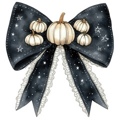 A black ribbon with white pumpkins on it