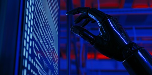 Poster - The robot hand assist with the stock work with the computer display, crystal office background.