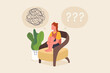 © Homeshark5tudio - Stressed and hopeless, a frustrated woman with anxiety has a busy line of thoughts over her head. Vector illustration in flat cartoon style