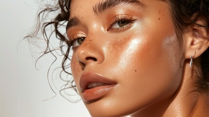 Poster - Model showcasing trendy glowing makeup, highlighted cheeks, and glossy finish