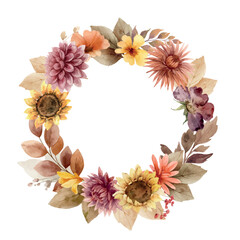 Wall Mural - watercolor vector autumn circle frame of sunflower, dahlia, branches and leaves. burnt orange, burgu