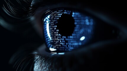 Poster - animated human iris with multi-colored lines out of a bright binary circle forming a volumetric iris
