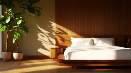 Modern minimalist bedroom with a comfortable bed, wooden furniture, and a large potted plant by the window, bathed in natural light.