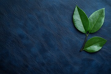 A navy leather background with a single, vibrant green plant leaf standing out in the corner, symbolizing life and growth.