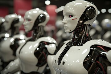Poster - Imaginative concept of stock collective intelligence of two humanoid robots gazing together