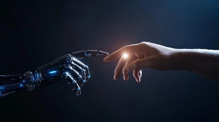 Poster - a human finger delicately touches the metallic finger of a robot. humanity and ai coexist harmonious
