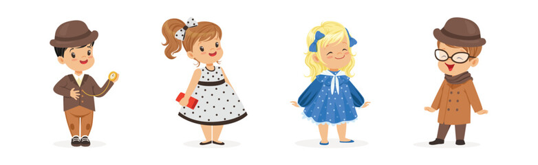 Wall Mural - Little Boy and Girl Wear Elegant Fashion Dress and Apparel Vector Set