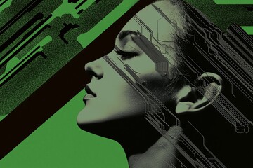 Poster - AI collage photo of a businesswoman using modern technology to store personal information