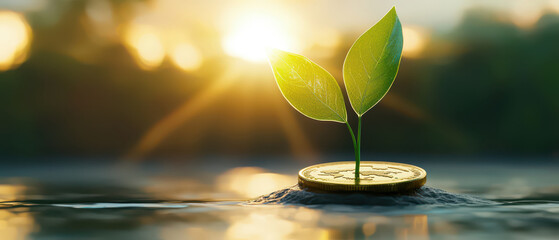 Plant sprouting from a coin, symbolizing growth, renewal, and the connection between nature and finance.