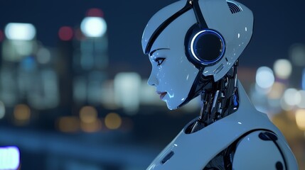 Poster - This is a stock robot working at a computer in an office. It is part of an IT team, a humanoid support center, and a futuristic worker working in a call center.