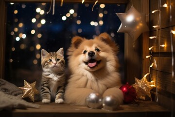 Canvas Print - New year kitten christmas lighting.