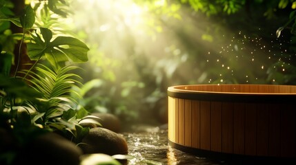 Serene wooden hot tub nestled in a lush tropical forest with sun rays filtering through foliage creating a peaceful spa-like atmosphere.