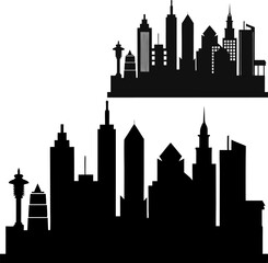 Modern urban European city skyline vector illustration. Night town panorama with city buildings silhouette and icon.
