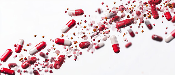 colorful red and white capsules scattered on a clean surface, representing health, medicine, and pha