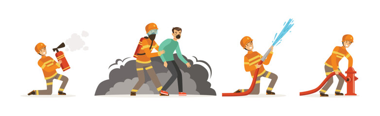 Poster - Man Firefighter Character Engaged in Rescue Operation Vector Set