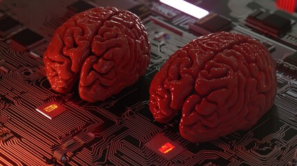Poster - An image of a human brain glowing from a processor symbolising the fusion of human intelligence and machine learning capabilities. The evolution of technology of data.