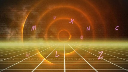 Poster - Animation of letters over lines and circles on black background