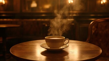 Steam Rising from Freshly Brewed Coffee Cup, Creating Cozy Atmosphere at Warm Wooden Table, Inviting Ambiance for Cafe Advertising.