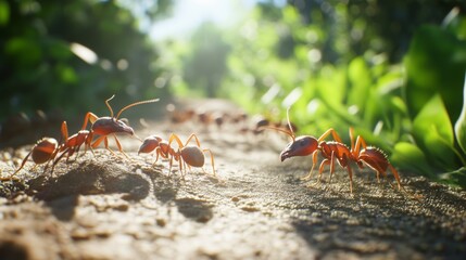 Poster - A close-up of a line of ants marching across a garden path, showcasing their organized movement and teamwork in a natural setting.