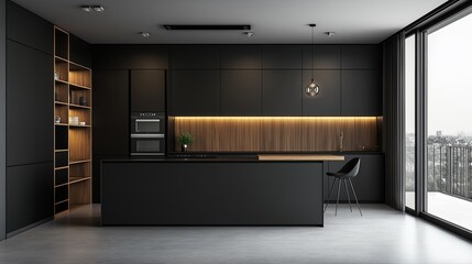 A modern kitchen and dining room with a minimalist aesthetic.	
