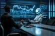 © Tapanut - A business meeting between a human and a futuristic robot in a high-tech environment with data visuals on screen.