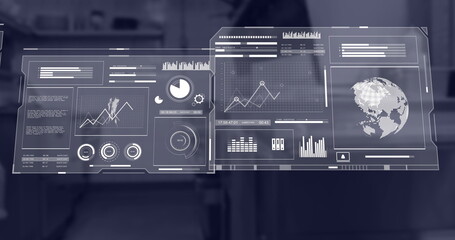 Sticker - Image of financial data processing over empty office