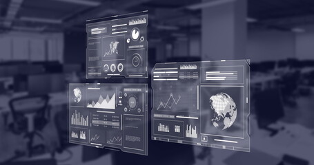 Poster - Image of financial data processing over empty office