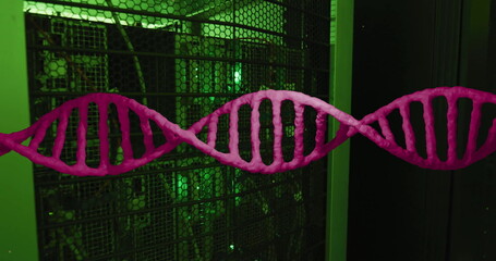 Poster - Image of pink dna strand over dark computer server room