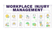© IMG visuals icons - Workplace injury management word concept isolated on white. Workers compensation, hospitalization. Creative illustration banner surrounded by editable line colorful icons. Hubot Sans font used