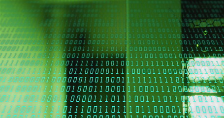 Poster - Binary code image over shadowy figure in green background