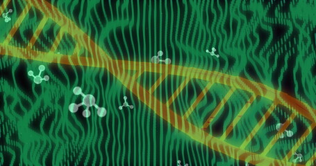 Poster - DNA strand and molecular structures over green waves, scientific image